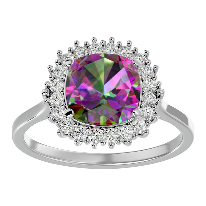 2.5 Carat Cushion Cut Mystic Topaz & Halo 20 Diamond Ring in 14K White Gold (4 g), , Size 4 by SuperJeweler