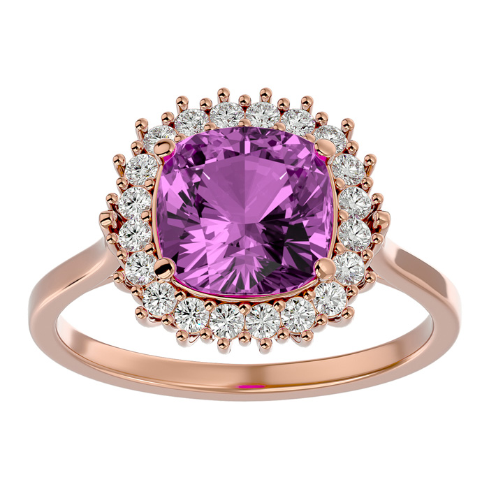 3 Carat Cushion Cut Pink Topaz & Halo 20 Diamond Ring in 14K Rose Gold (4 g), , Size 4 by SuperJeweler