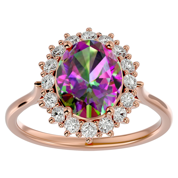 2 3/4 Carat Oval Shape Mystic Topaz & Halo 16 Diamond Ring in 14K Rose Gold (4.25 g), , Size 4 by SuperJeweler