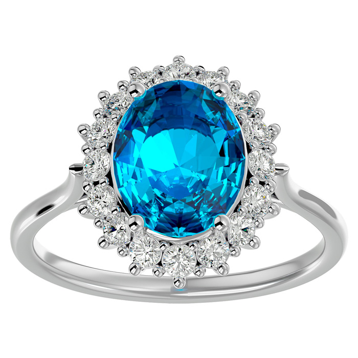 3 3/4 Carat Oval Shape Blue Topaz & Halo 16 Diamond Ring in 14K White Gold (4.25 g), , Size 4 by SuperJeweler