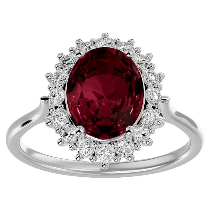 3.60 Carat Oval Shape Garnet & Halo 16 Diamond Ring in 14K White Gold (4.25 g), , Size 4 by SuperJeweler