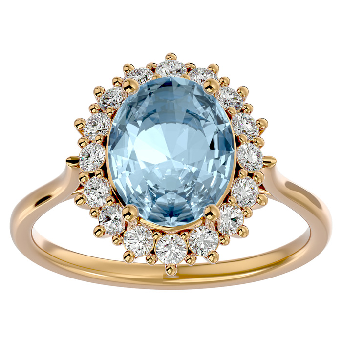 2 3/4 Carat Oval Shape Aquamarine & Halo 16 Diamond Ring in 14K Yellow Gold (4.25 g), , Size 4 by SuperJeweler