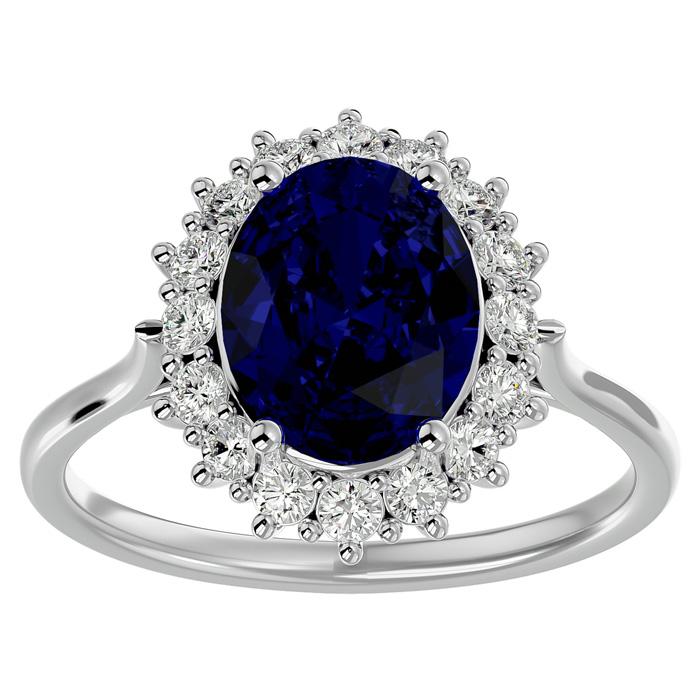 3.60 Carat Oval Shape Sapphire & Halo 16 Diamond Ring in 14K White Gold (4.25 g), , Size 4 by SuperJeweler