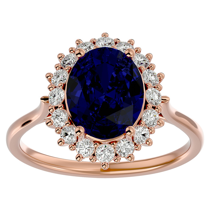 3.60 Carat Oval Shape Sapphire & Halo 16 Diamond Ring in 14K Rose Gold (4.25 g), , Size 4 by SuperJeweler