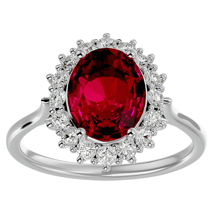 3.60 Carat Oval Shape Ruby & Halo 16 Diamond Ring in 14K White Gold (4.25 g), , Size 4 by SuperJeweler