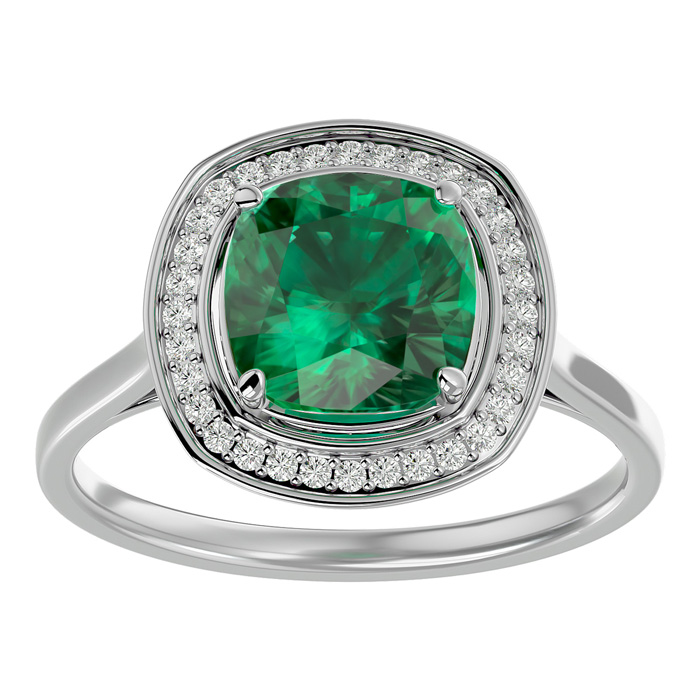 2 1/4 Carat Cushion Cut Emerald & Halo 32 Diamond Ring in 14K White Gold (4.80 g), , Size 4 by SuperJeweler