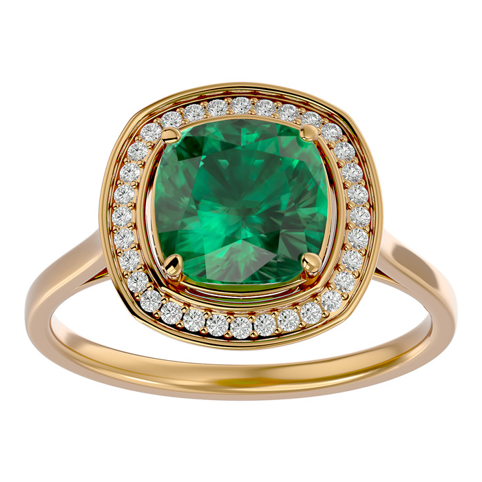 2 1/4 Carat Cushion Cut Emerald & Halo 32 Diamond Ring in 14K Yellow Gold (4.80 g), , Size 4 by SuperJeweler