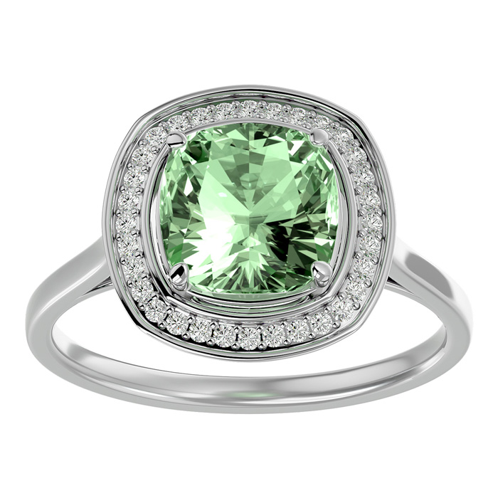 2 1/4 Carat Cushion Cut Green Amethyst & Halo 32 Diamond Ring in 14K White Gold (4.80 g), , Size 4 by SuperJeweler