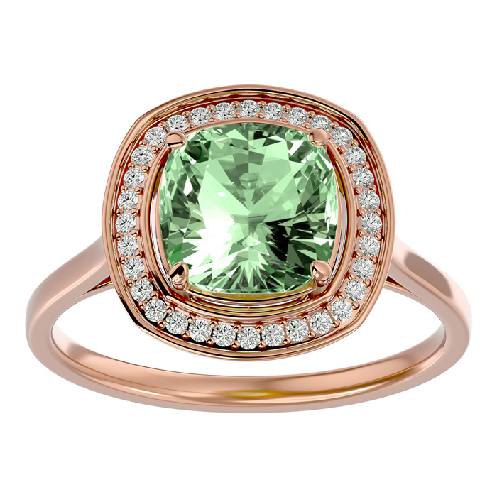 2 1/4 Carat Cushion Cut Green Amethyst & Halo 32 Diamond Ring in 14K Rose Gold (4.80 g), , Size 4 by SuperJeweler