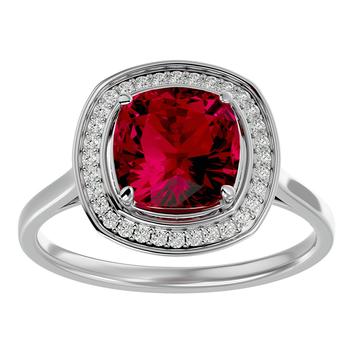 3 1/4 Carat Cushion Cut Ruby & Halo 32 Diamond Ring in 14K White Gold (4.80 g), , Size 4 by SuperJeweler