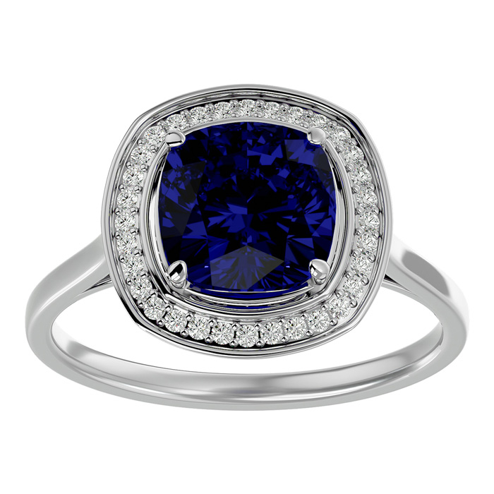 3 1/4 Carat Cushion Cut Sapphire & Halo 32 Diamond Ring in 14K White Gold (4.80 g), , Size 4 by SuperJeweler