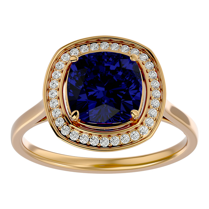 3 1/4 Carat Cushion Cut Sapphire & Halo 32 Diamond Ring in 14K Yellow Gold (4.80 g), , Size 4 by SuperJeweler