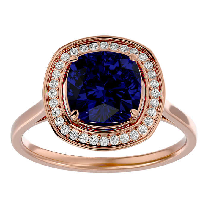 3 1/4 Carat Cushion Cut Sapphire & Halo 32 Diamond Ring in 14K Rose Gold (4.80 g), , Size 4 by SuperJeweler