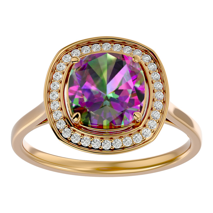 2 1/4 Carat Cushion Cut Mystic Topaz & Halo 32 Diamond Ring in 14K Yellow Gold (4.80 g), , Size 4 by SuperJeweler