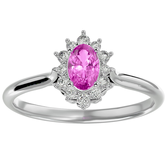 2/3 Carat Oval Shape Pink Topaz & Halo 12 Diamond Ring in 1.4 Karat White Gold (2.80 g)â¢, , Size 4 by SuperJeweler