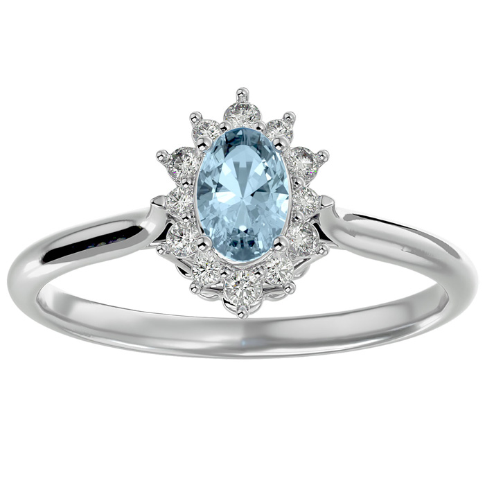 2/3 Carat Oval Shape Aquamarine & Halo 12 Diamond Ring in 1.4 Karat White Gold (2.80 g)â¢, , Size 4 by SuperJeweler