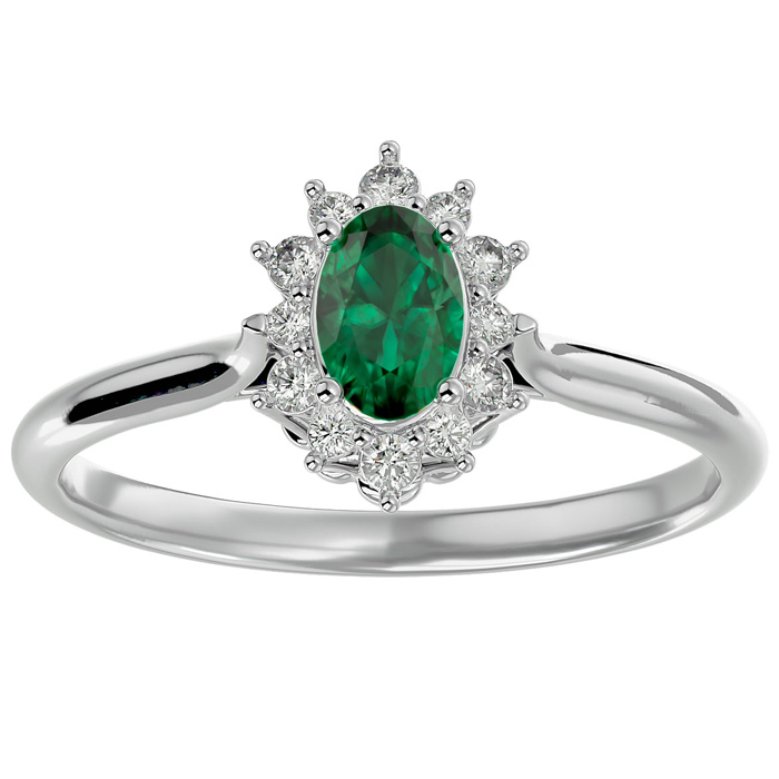 2/3 Carat Oval Shape Emerald Cut & Halo 12 Diamond Ring in 1.4 Karat White Gold (2.80 g)â¢, , Size 4 by SuperJeweler