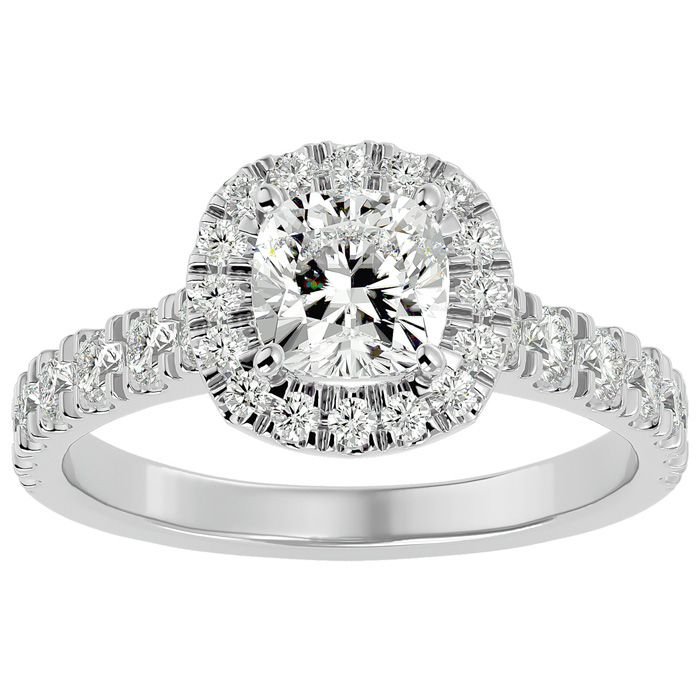 2 Carat Cushion Cut Halo Diamond Engagement Ring in 14K White Gold (4.30 g) (