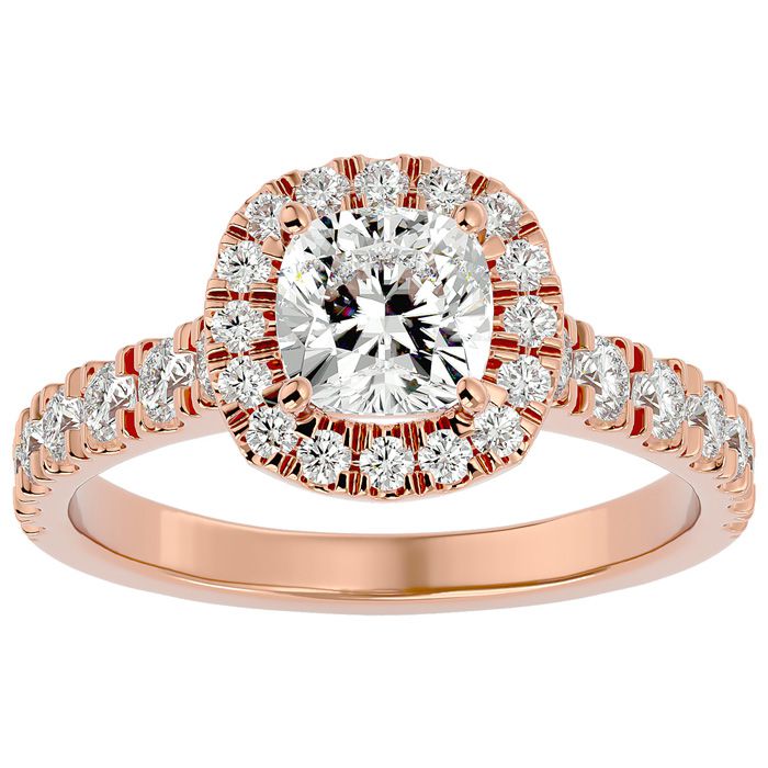 2 Carat Cushion Cut Halo Diamond Engagement Ring in 14K Rose Gold (4.30 g) (
