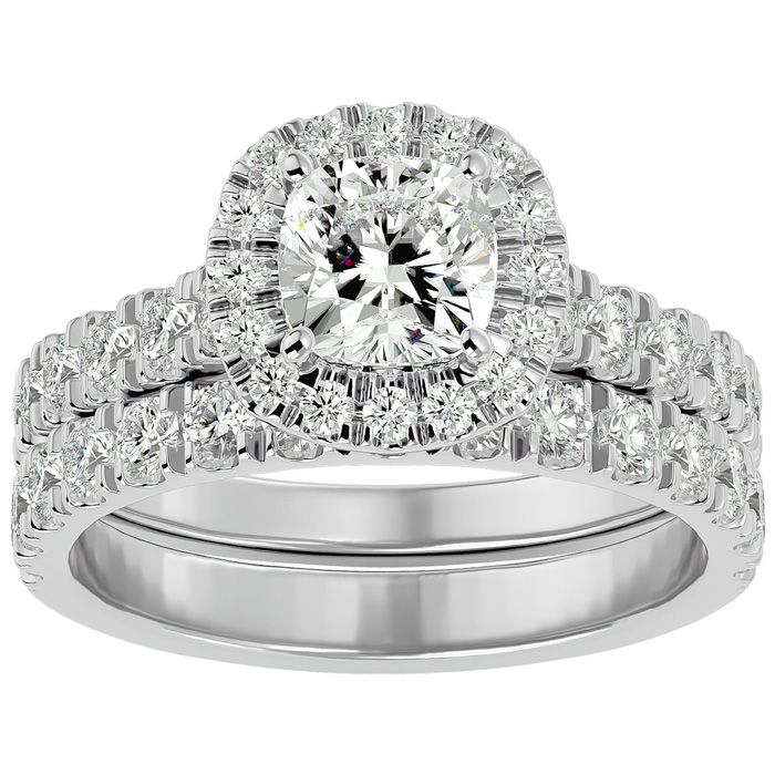 2 1/4 Carat Cushion Cut Halo Diamond Bridal Ring Set in 14K White