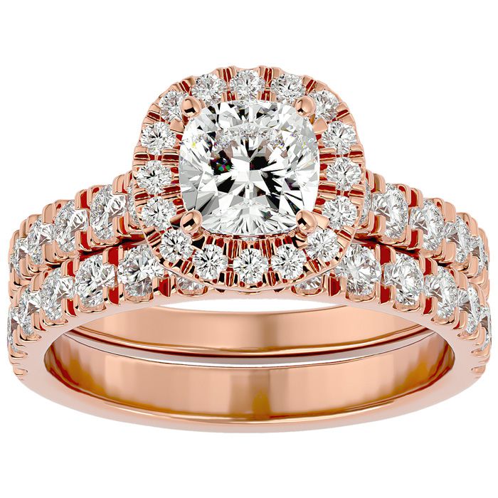2 1/4 Carat Cushion Cut Halo Diamond Bridal Ring Set in 14K Rose Gold (6.50 g) (