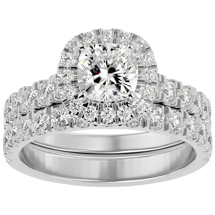 2 1/4 Carat Cushion Cut Halo Diamond Bridal Ring Set in 14K White Gold (6.50 g) (