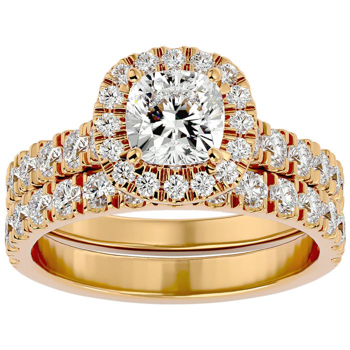 2 1/4 Carat Cushion Cut Halo Diamond Bridal Ring Set in 14K Yellow Gold (6.50 g) (