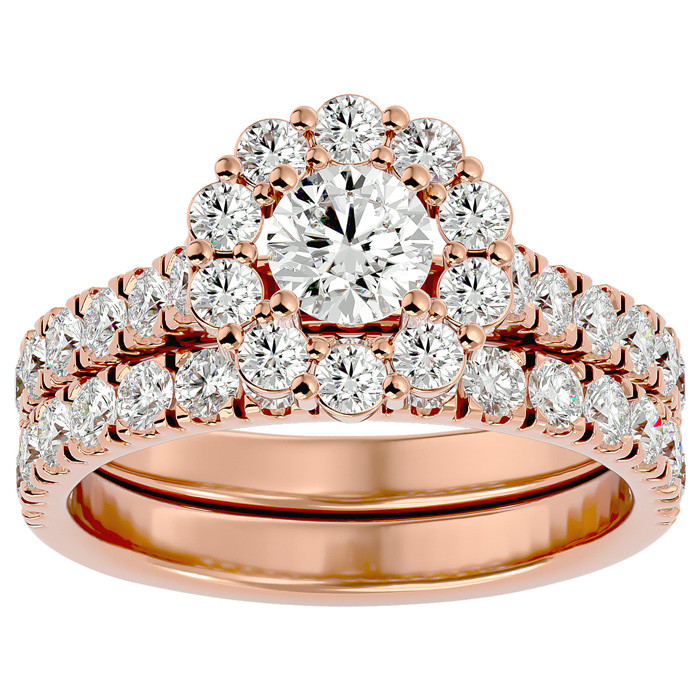 2 Carat Halo Moissanite Bridal Ring Set in 14K Rose Gold (5 g), E/F Color, Size 4 by SuperJeweler