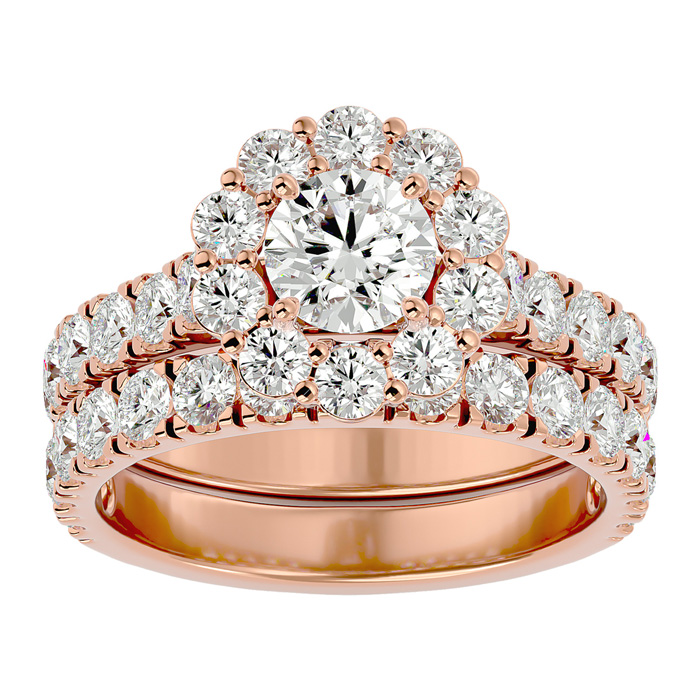 3 Carat Halo Diamond Bridal Ring Set in 14K Rose Gold (8 1/2 g) (