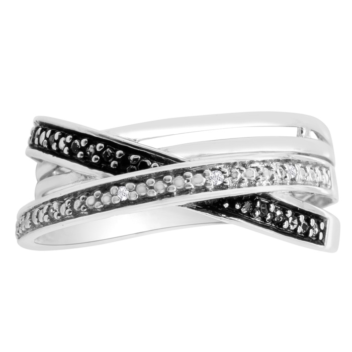 0.08 Carat Black & White Diamond Crossover Ring in Sterling Silver (, ), Size 7 by SuperJeweler