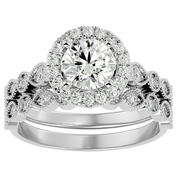 1.5 Carat Halo Diamond Bridal Ring Set in 14K White Gold (4.20 g)