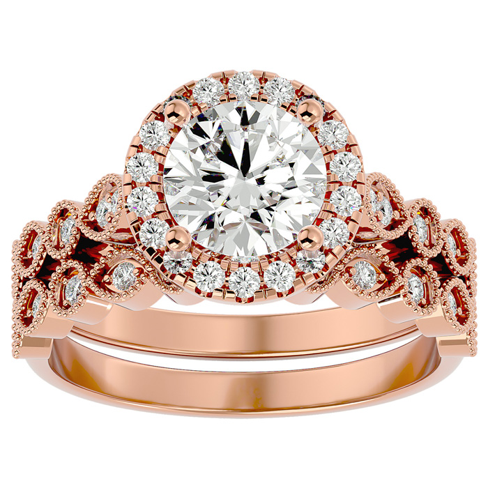 2 Carat Halo Diamond Bridal Ring Set in 14K Rose Gold (4.20 g) (