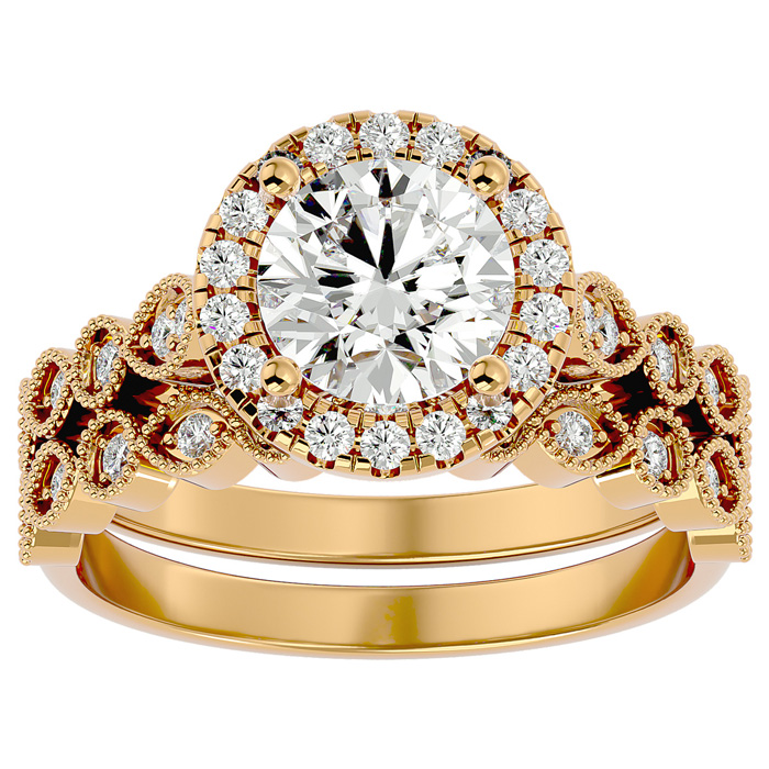 2 Carat Halo Diamond Bridal Ring Set in 14K Yellow Gold (4.20 g) (