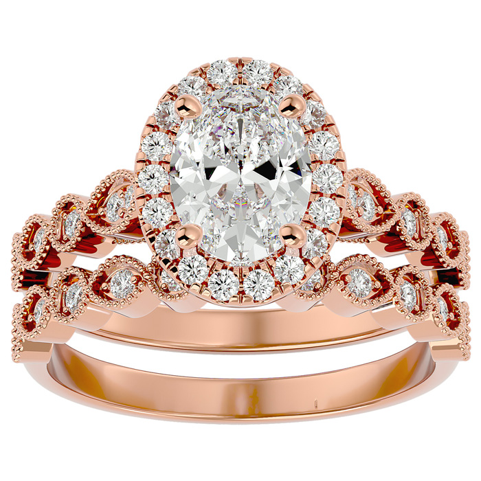 2 Carat Oval Shape Diamond Bridal Ring Set in 14K Rose Gold (6.30 g) (