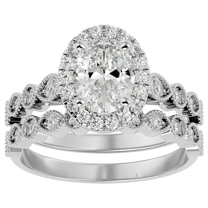 2 Carat Oval Shape Diamond Bridal Ring Set in 14K White Gold (6.30 g) (