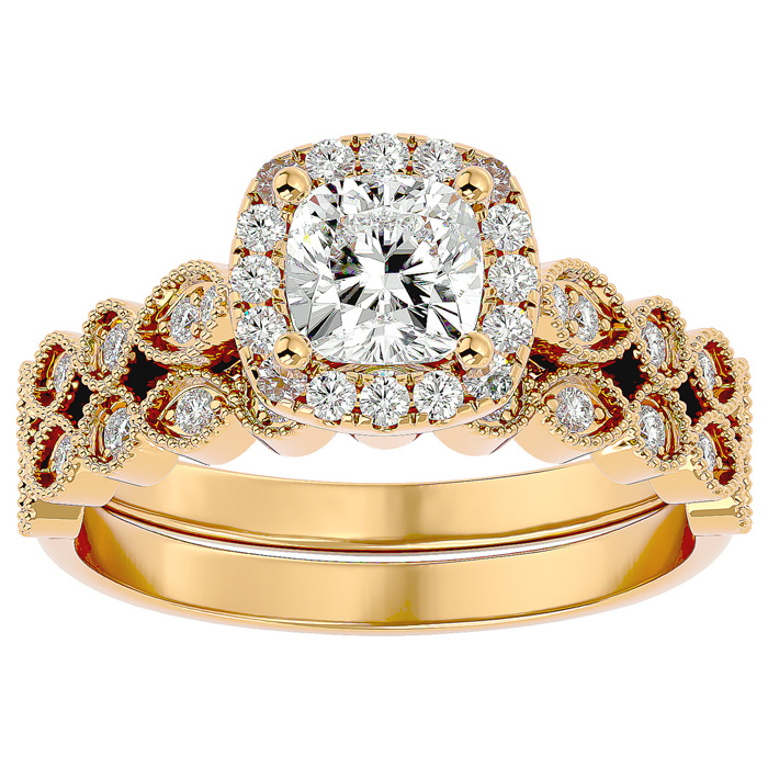 1.5 Carat Cushion Cut Moissanite Bridal Ring Set in 14K Yellow Gold (6.30 g), E/F Color, Size 4 by SuperJeweler