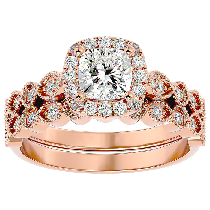 1.5 Carat Cushion Cut Moissanite Bridal Ring Set in 14K Rose Gold (6.30 g), E/F Color, Size 4 by SuperJeweler