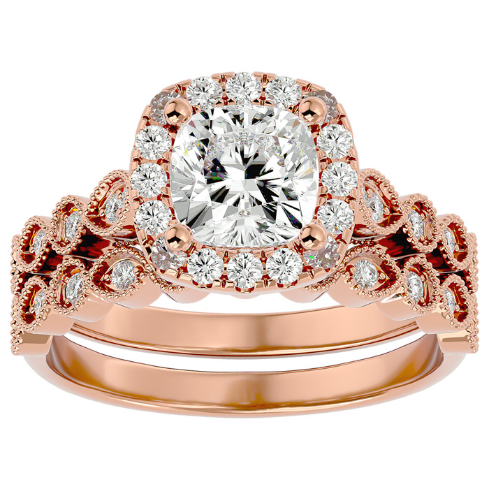 2 Carat Cushion Cut Moissanite Bridal Ring Set in 14K Rose Gold (6.30 g), E/F Color, Size 4 by SuperJeweler