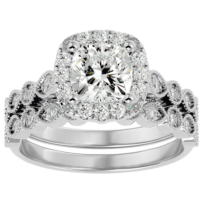 2 Carat Cushion Cut Diamond Bridal Ring Set in 14K White Gold (6.30 g) (