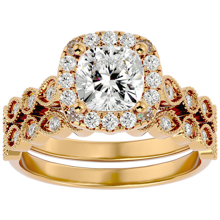 2 Carat Cushion Cut Diamond Bridal Ring Set in 14K Yellow Gold (6.30 g) (