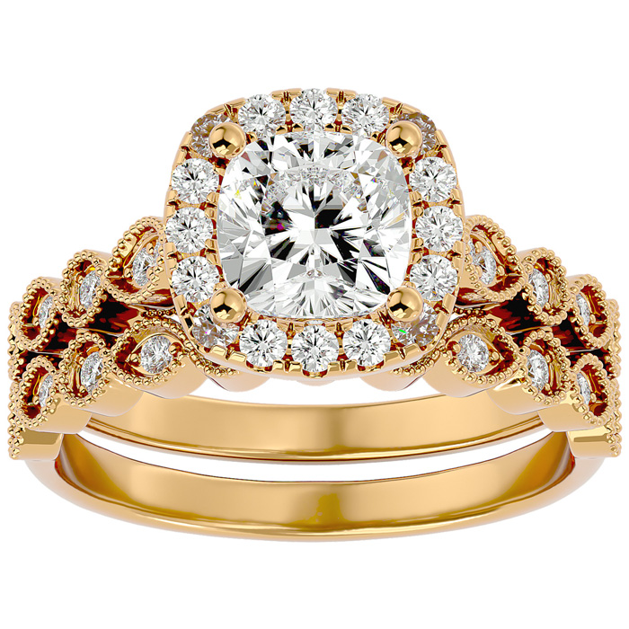 2 Carat Cushion Cut Diamond Bridal Ring Set in 14K Yellow Gold (6.30 g) (  I1-I2 Clarity Enhanced)  Size 4 by SuperJeweler