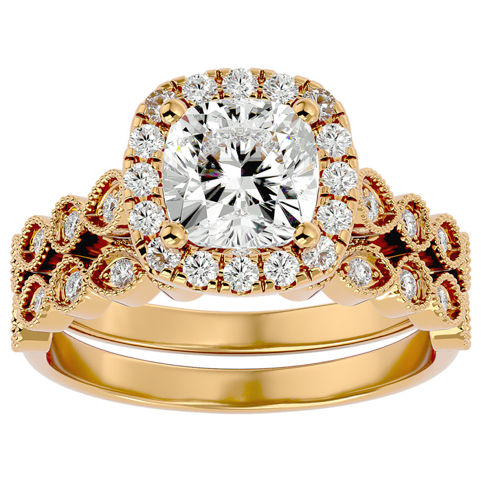 2.5 Carat Cushion Cut Moissanite Bridal Ring Set in 14K Yellow Gold (6.40 g), E/F Color, Size 4 by SuperJeweler