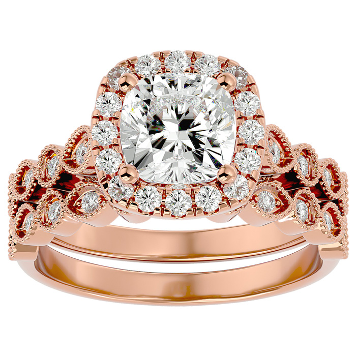 2.5 Carat Cushion Cut Moissanite Bridal Ring Set in 14K Rose Gold (6.40 g), E/F Color, Size 4 by SuperJeweler