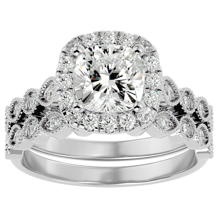 2.5 Carat Cushion Cut Diamond Bridal Ring Set in 14K White Gold (