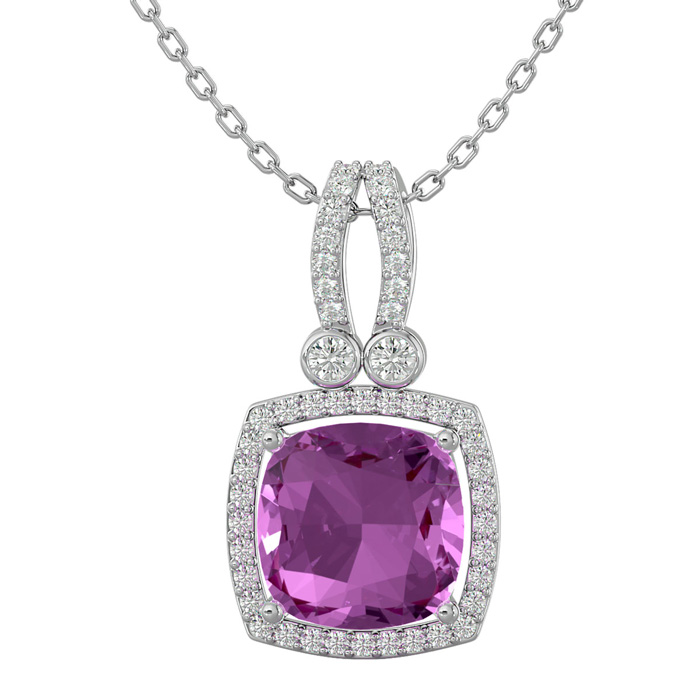 3 3/4 Carat Cushion Cut Pink Topaz & Halo Diamond Necklace in 14K White Gold (5.50 g), 18 Inches,  by SuperJeweler
