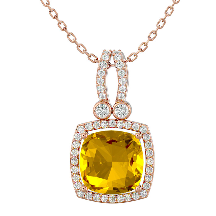 3 Carat Cushion Cut Citrine & Halo Diamond Necklace in 14K Rose Gold (5.50 g), 18 Inches,  by SuperJeweler