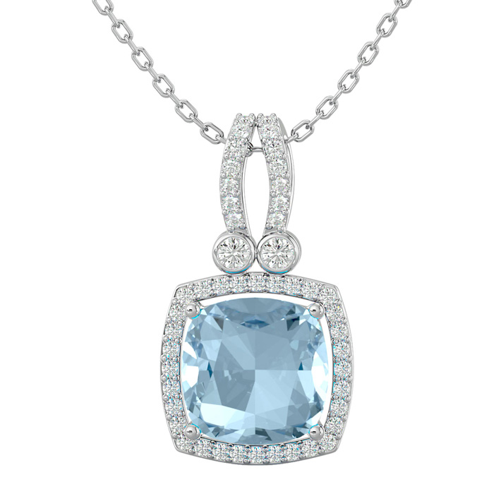 3 Carat Cushion Cut Aquamarine & Halo Diamond Necklace in 14K White Gold (5.50 g), 18 Inches,  by SuperJeweler
