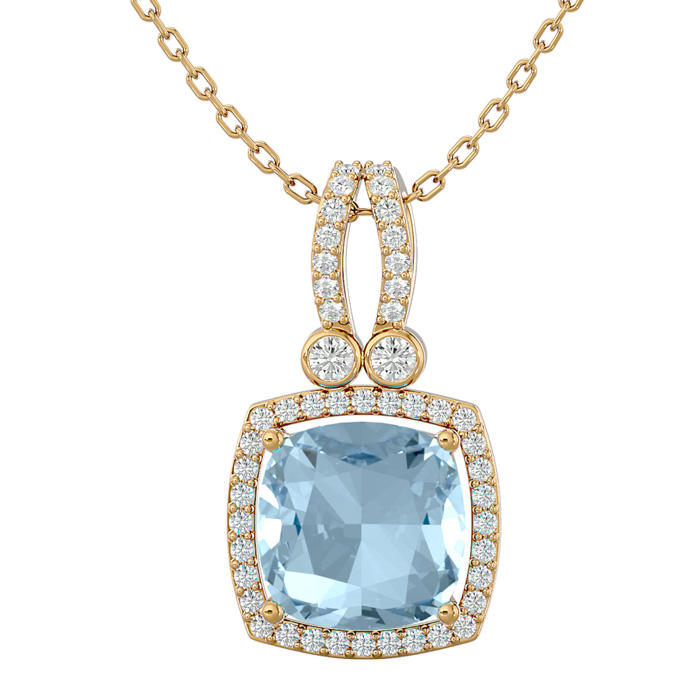 3 Carat Cushion Cut Aquamarine & Halo Diamond Necklace in 14K Yellow Gold (5.50 g), 18 Inches,  by SuperJeweler