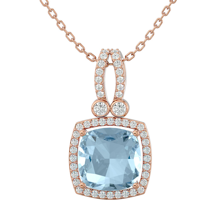 3 Carat Cushion Cut Aquamarine & Halo Diamond Necklace in 14K Rose Gold (5.50 g), 18 Inches,  by SuperJeweler