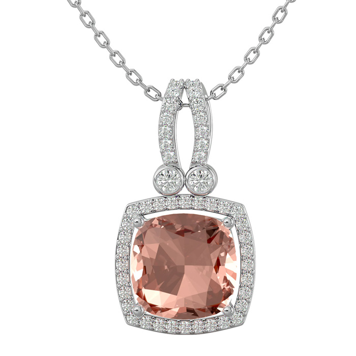 3 1/3 Carat Cushion Cut Morganite & Halo Diamond Necklace in 14K White Gold (5.50 g), 18 Inches,  by SuperJeweler